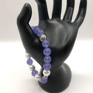 Purple Amethyst and Faux Pearl Beaded Stretch Bracelet